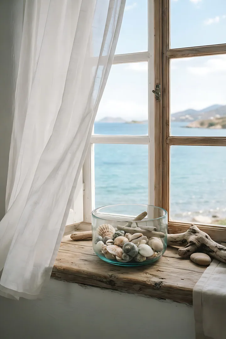 Coastal Calm: aesthetic result. Coastal calm still life, showing white linen curtains moving in the breeze, driftwood, seashells in a glass bowl