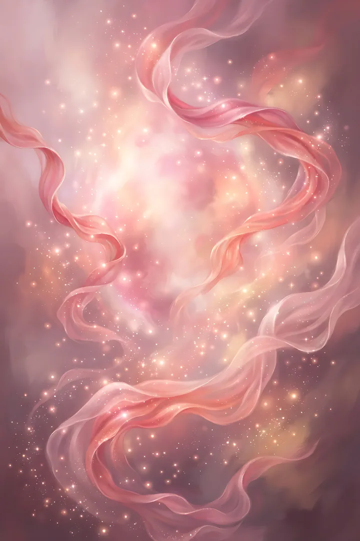 Blush Pink: aura color result. Abstract aura in blush pink, showing soft glowing rose gradient with pink silk ribbons floating and sparkles, tender and dreamy