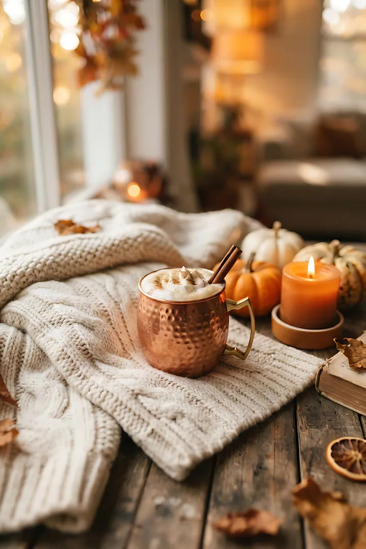 Pumpkin Spice Cozy: autumn aesthetic result. Pumpkin spice cozy, showing a chunky cream knit blanket, a copper mug of latte with cinnamon sticks, small pumpkins and an orange candle