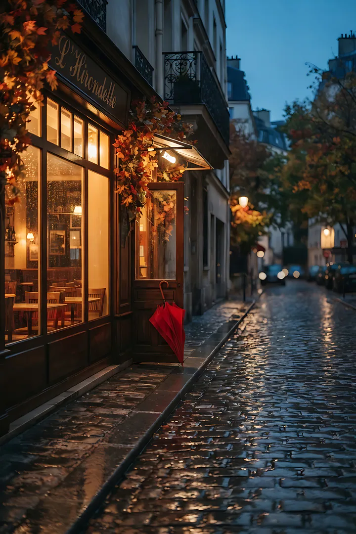 Rainy City Coffee Walk: autumn aesthetic result. A rainy autumn city street at dusk, showing wet cobblestones with reflections, glowing café windows, a red umbrella leaning at a café door