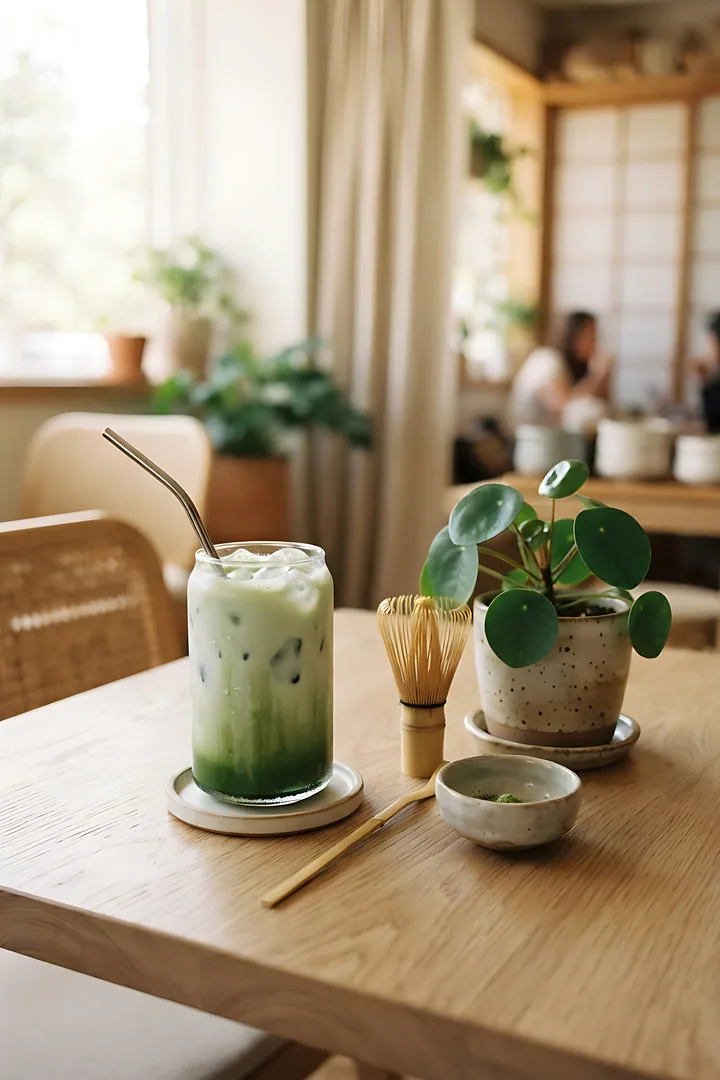 Matcha Zen Soul: café personality result. An iced matcha latte in a glass beside a bamboo whisk and a small plant on a minimalist café table, soft green tones, natural light
