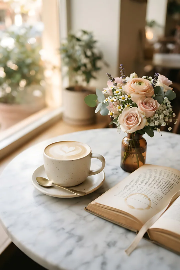 Vanilla Latte Romantic: café personality result. A vanilla latte with heart latte art on a marble table beside a small vase of pastel flowers and an open book, soft pink and cream tones