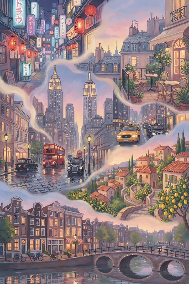 Which City Aesthetic Are You? A whimsical painterly travel-poster illustration of six cities melting into one another from top to bottom in soft gouache