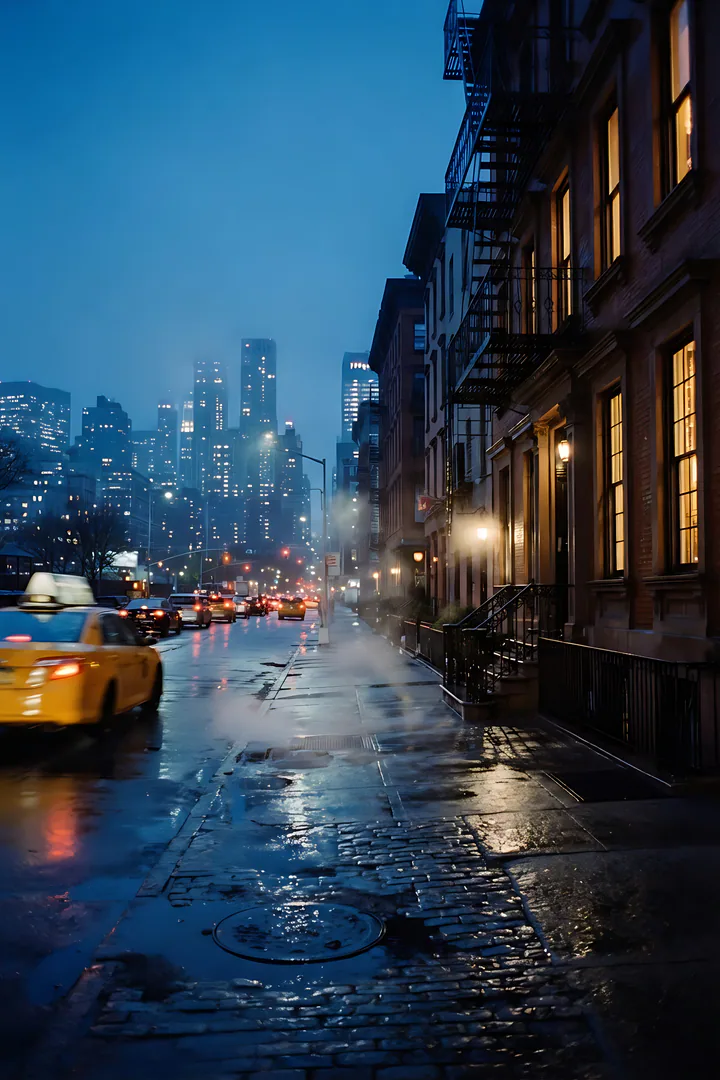 New York Nights: city aesthetic result. A New York street at blue hour after rain, showing a yellow taxi motion blur, steam rising from the street, brownstone windows glowing warm