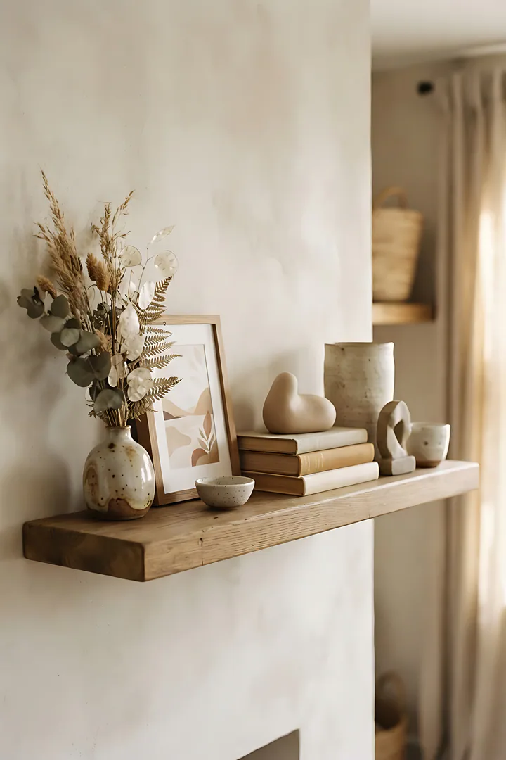 The Curator: creative superpower result. A beautifully styled shelf of curated objects, showing ceramics, small art prints, a vase of dried flowers, stacked books