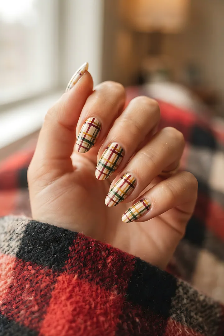 Cozy Plaid: fall nail design result. Macro close-up of the back of a young woman's hand with fingers slightly curled toward the camera so all five medium nails are clearly visib