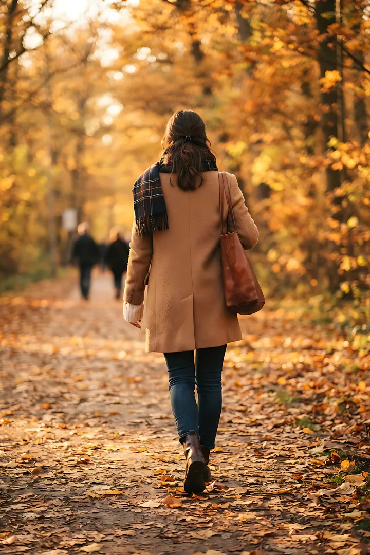What Is Your Fall Outfit Style? Street-style photograph of a woman seen from behind, cropped at the shoulders, walking along a path covered in golden leaves