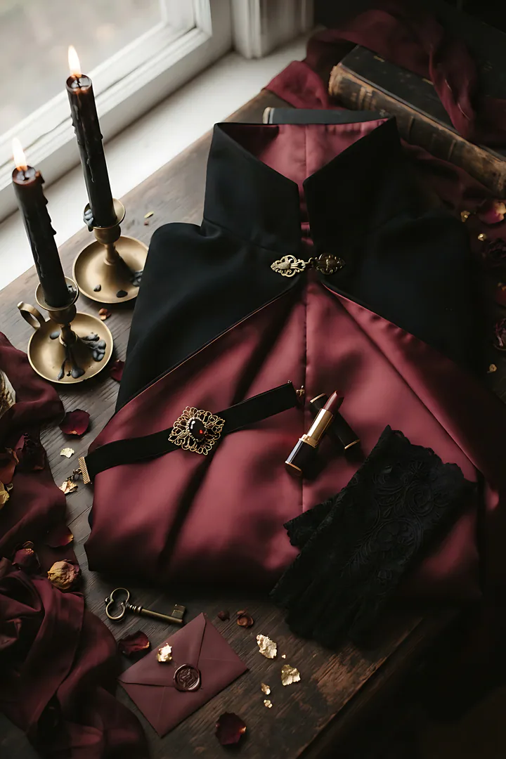 Vampire: Halloween costume result. Vampire costume flat lay, showing a black high-collar cape lined with deep burgundy satin, a velvet choker with a small brooch