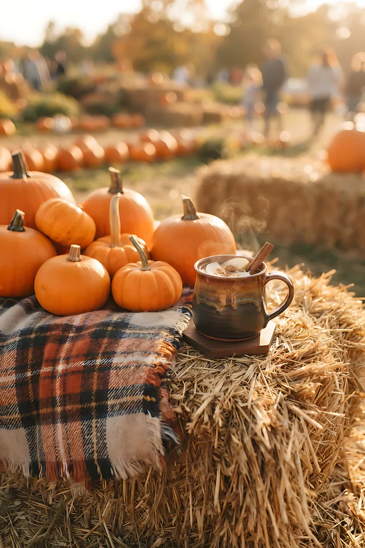 Pumpkin Patch Sweetheart: Halloween aesthetic result. Cozy pumpkin patch still life, showing small orange pumpkins on hay bales, a plaid flannel blanket and a mug of cider with a cinnamon stick