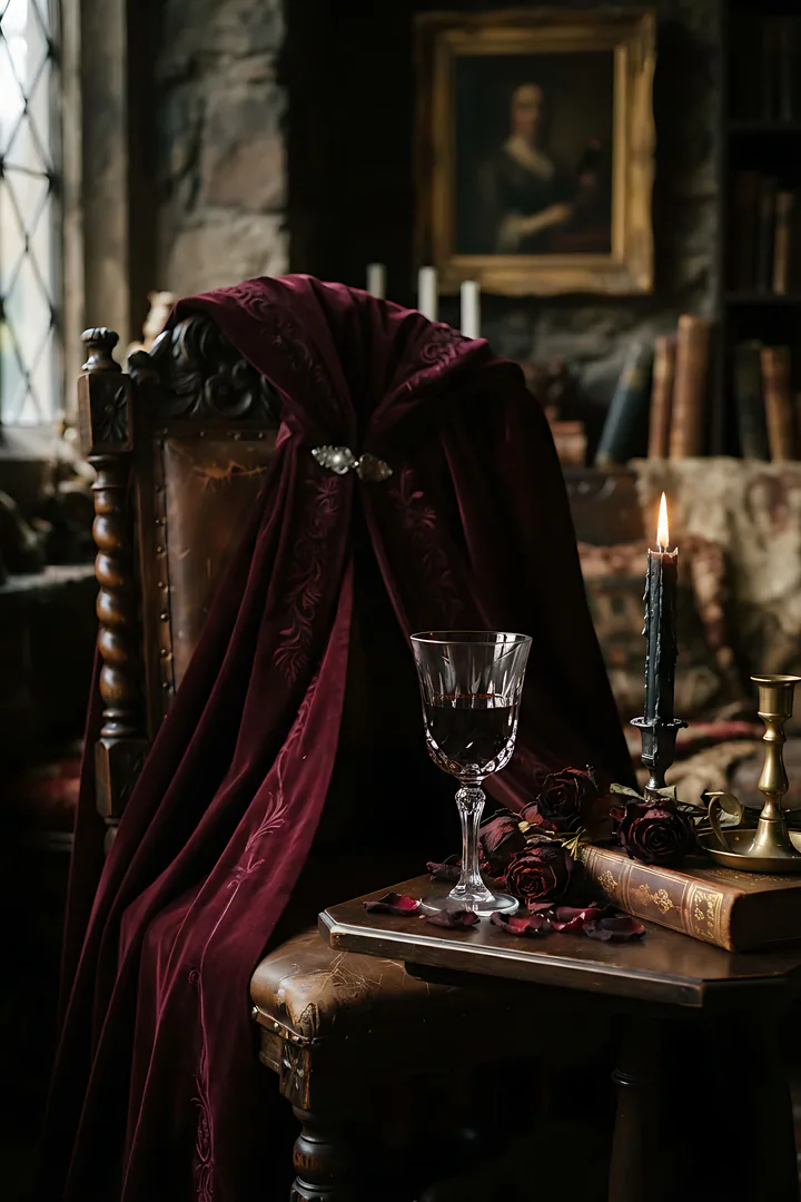 Velvet Vampire: Halloween aesthetic result. Romantic vampire aesthetic still life, showing a burgundy velvet cape draped over a chair, a crystal goblet of dark red drink