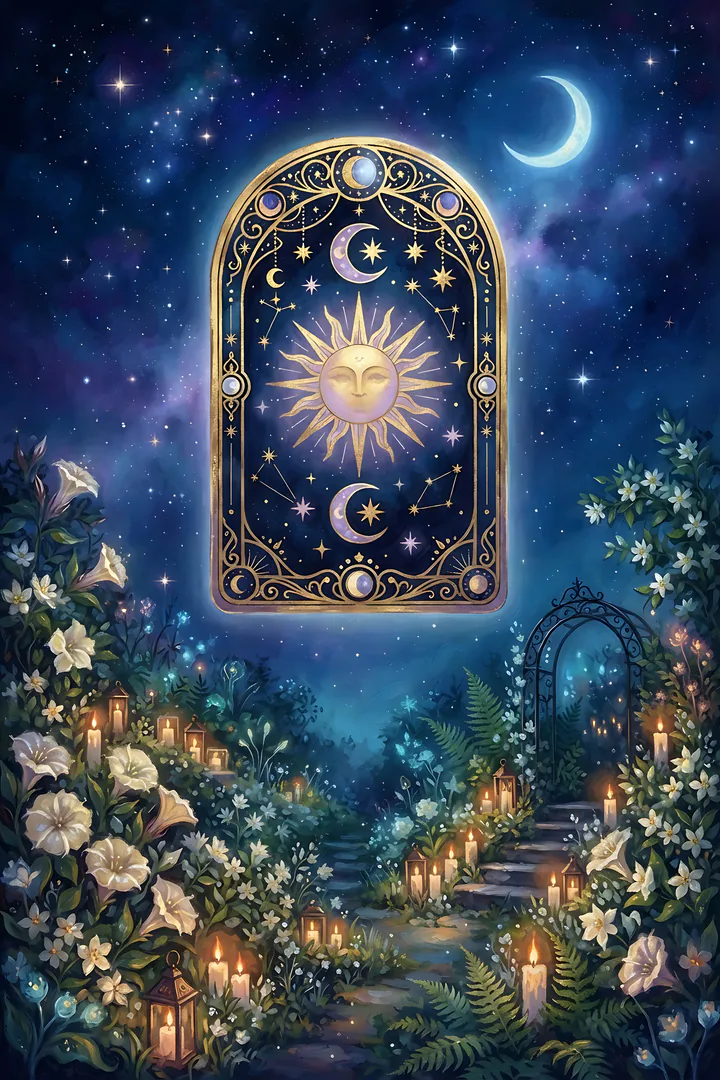 Which Tarot Card Are You? A mystical midnight illustration, showing an ornate arched tarot card with a golden crescent moon, sun and star symbols on its face