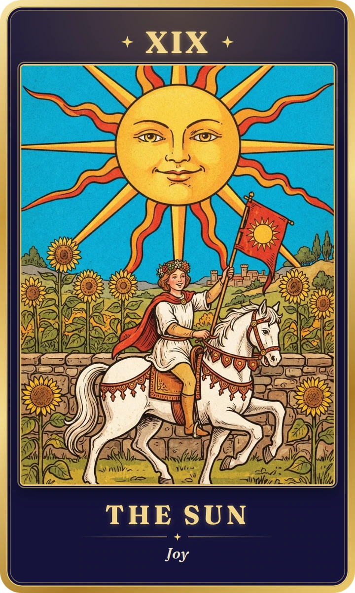 The Sun: tarot card result. A tarot card numbered XIX, The Sun, showing a smiling golden sun over sunflowers and a rider on a white horse carrying a red banner